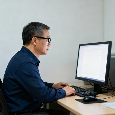 张明，中年男性，戴黑框眼镜，穿深蓝色衬衫，在电脑前专注工作的侧面照