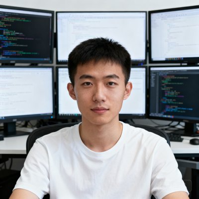 李伟，年轻男性，短发干练，穿白色T恤，坐在多屏幕工作站前的正面照