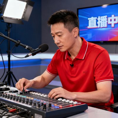刘洋，男性，运动型短发，穿红色POLO衫，在直播演播室中调试设备的半身照